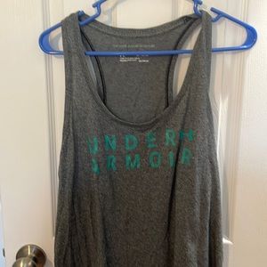 Grey under armour racer back workout tank. With green lettering